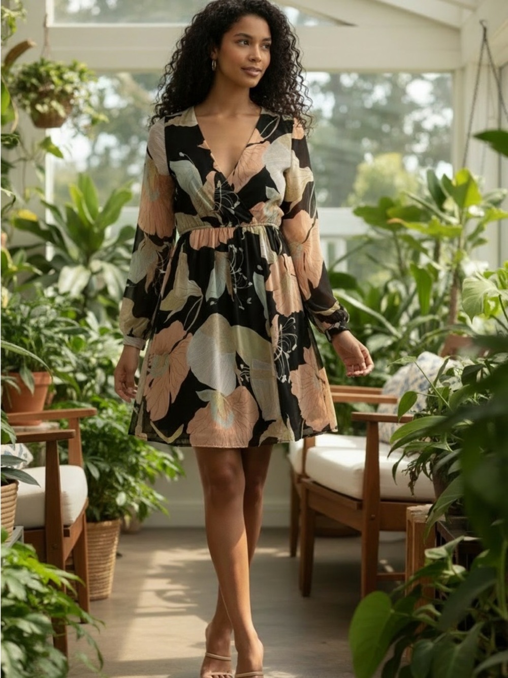 Lulus Black Floral Wrap Mini Dress with Peach and Cream Blooms
